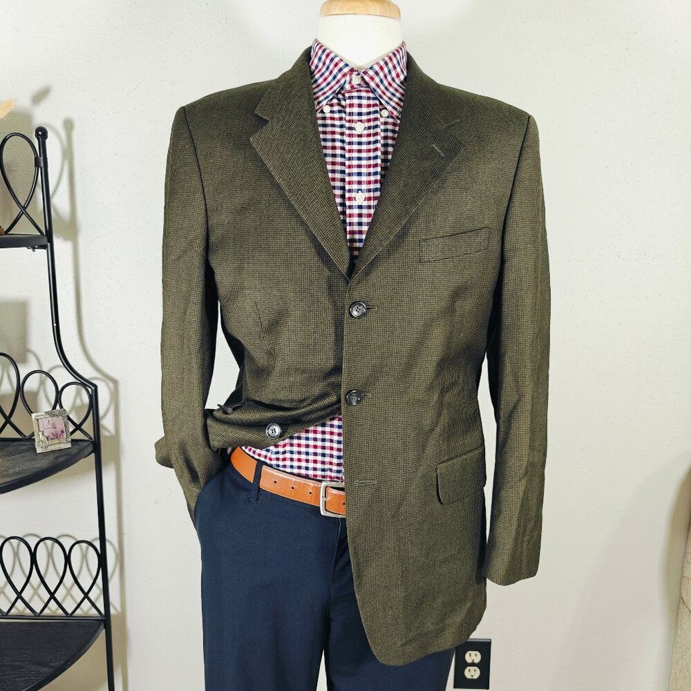Jones New York Men's Sport Coat Blazer Green Black Houndstooth Wool Cashmere 40R